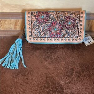 Ariat Tan and Blue Floral Clutch with Tassel